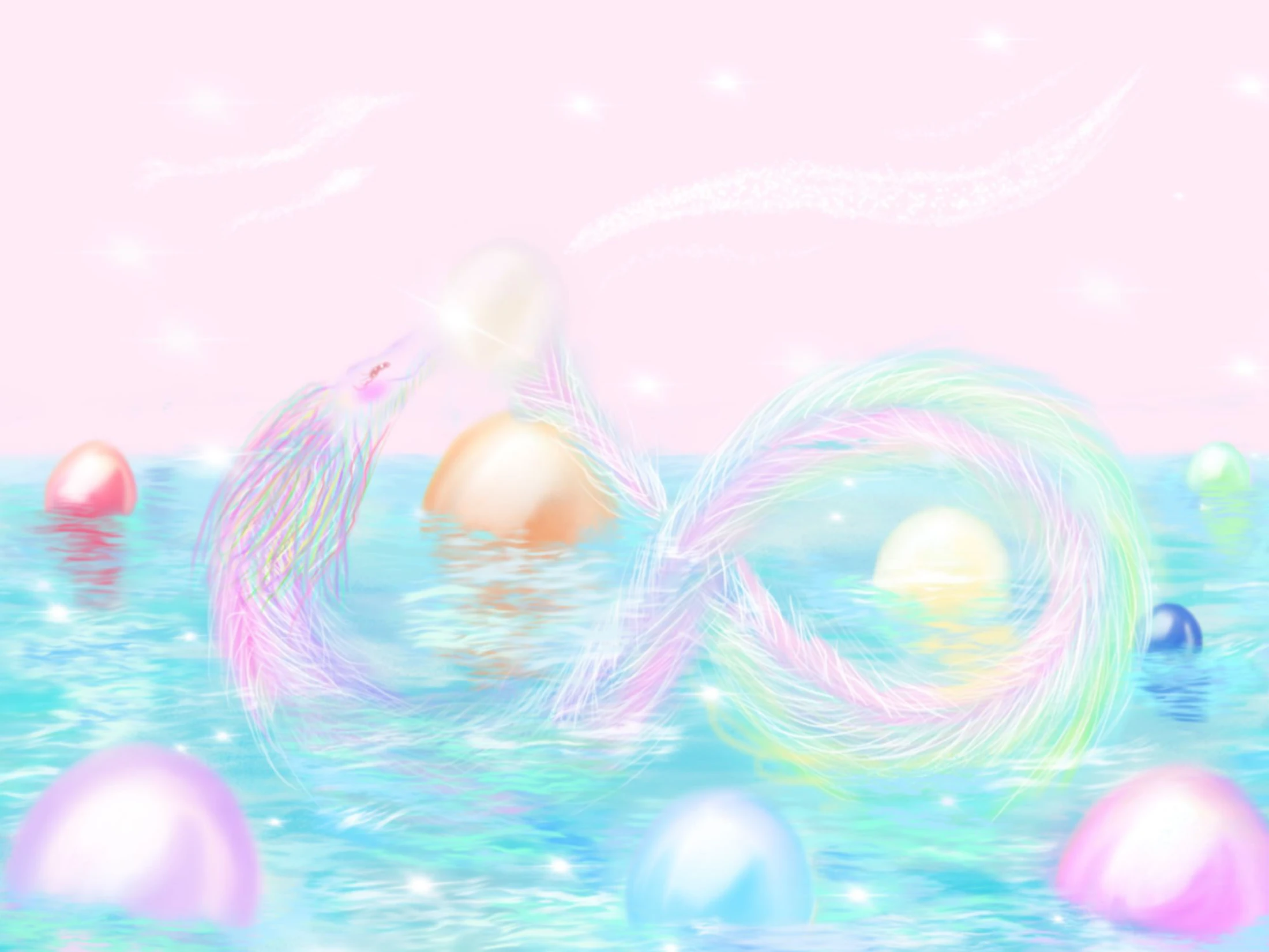桃色の空と水面に、虹色の龍と光の雫がめぐるアート